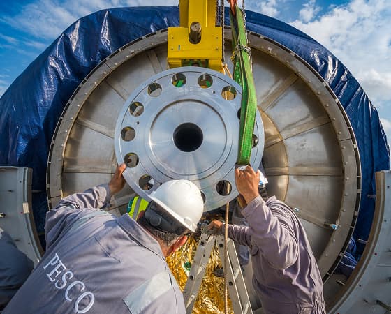 PESCO technicians fitting a flange to a turbine casing