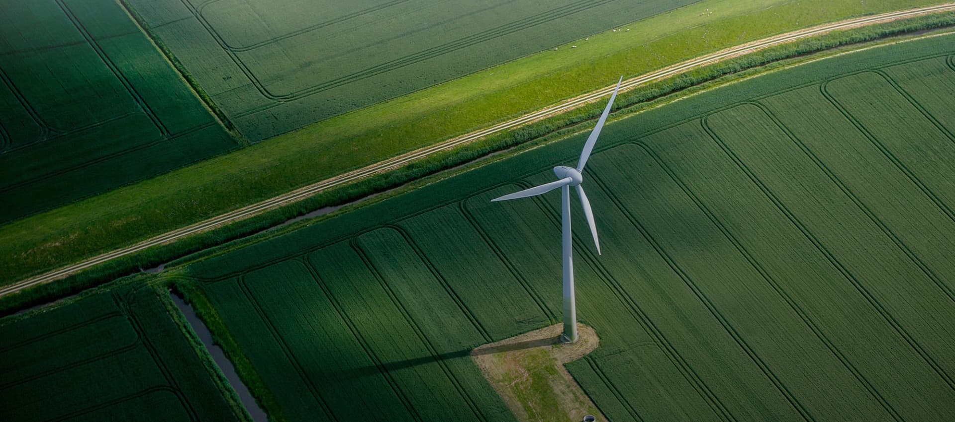 A wind turbine standing in green farmland