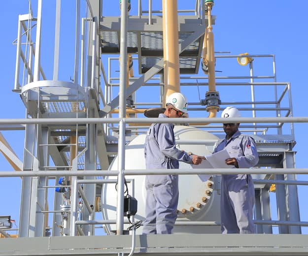 PESCO engineers reviewing drawings on a process platform